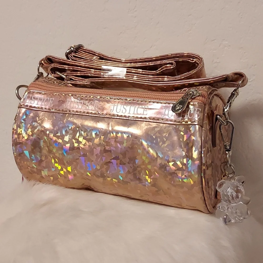 Girls Justice Crossbody Barrel Bag with Adjustable Strap & 2 Charms, Rose Gold